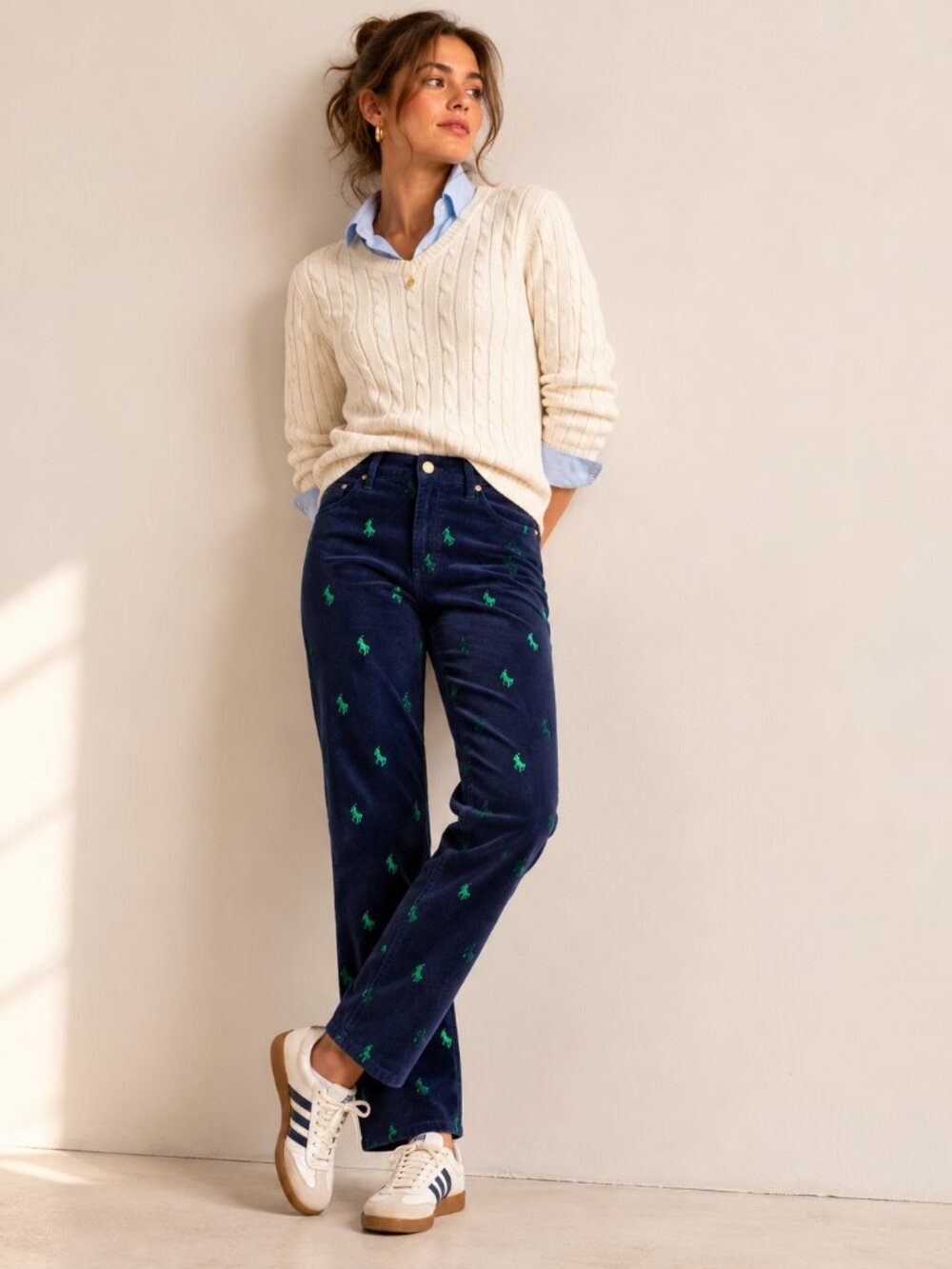NWT C. Wonder Embroidered Corduroy Pants Navy Green Size 26 Straight Leg Cotton